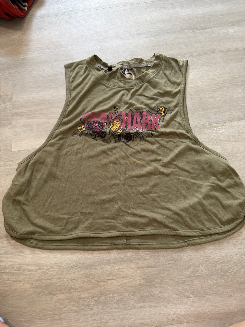 Gymshark Olive Muscle Tank with Pink & Yellow Floral Logo size medium